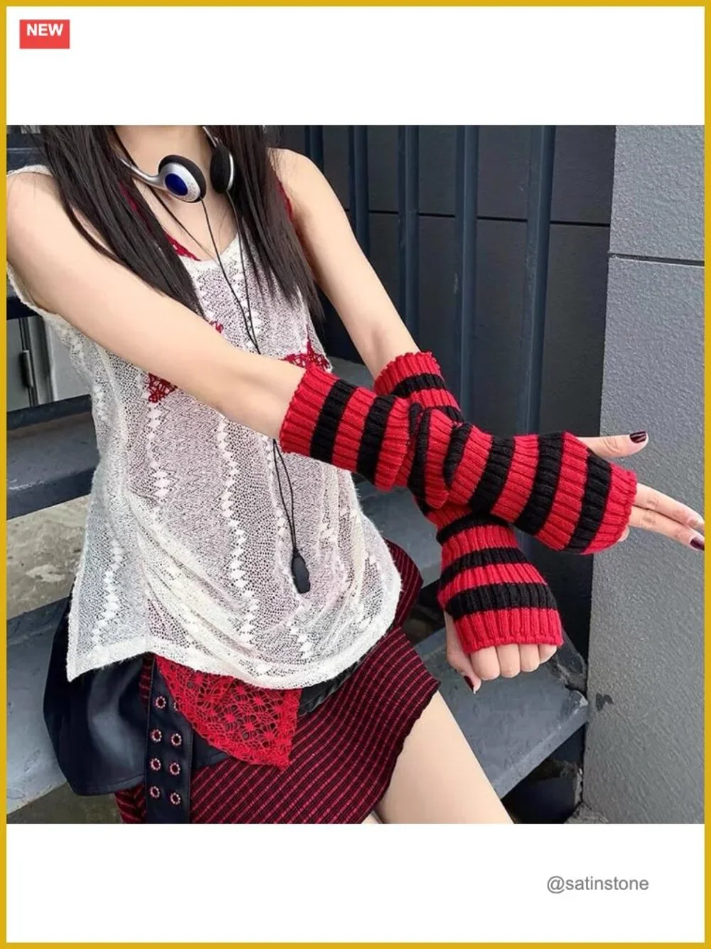 Gothic Punk Striped Arm Warmers Fingerless Gloves Y2K Emo Acrylic